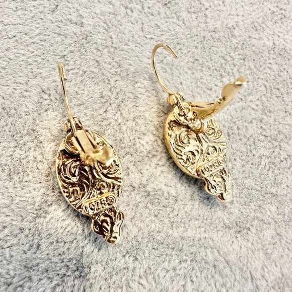 1928 Gold Tone Rose Floral Cameo Drop Earrings - Picture 5 of 5